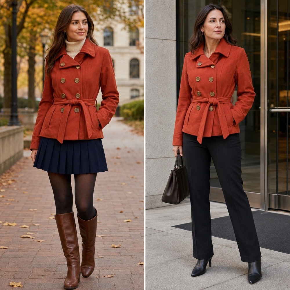 Women's M Red Orange Double Breasted Belted Peacoat Jacket Preppy Fall Academia